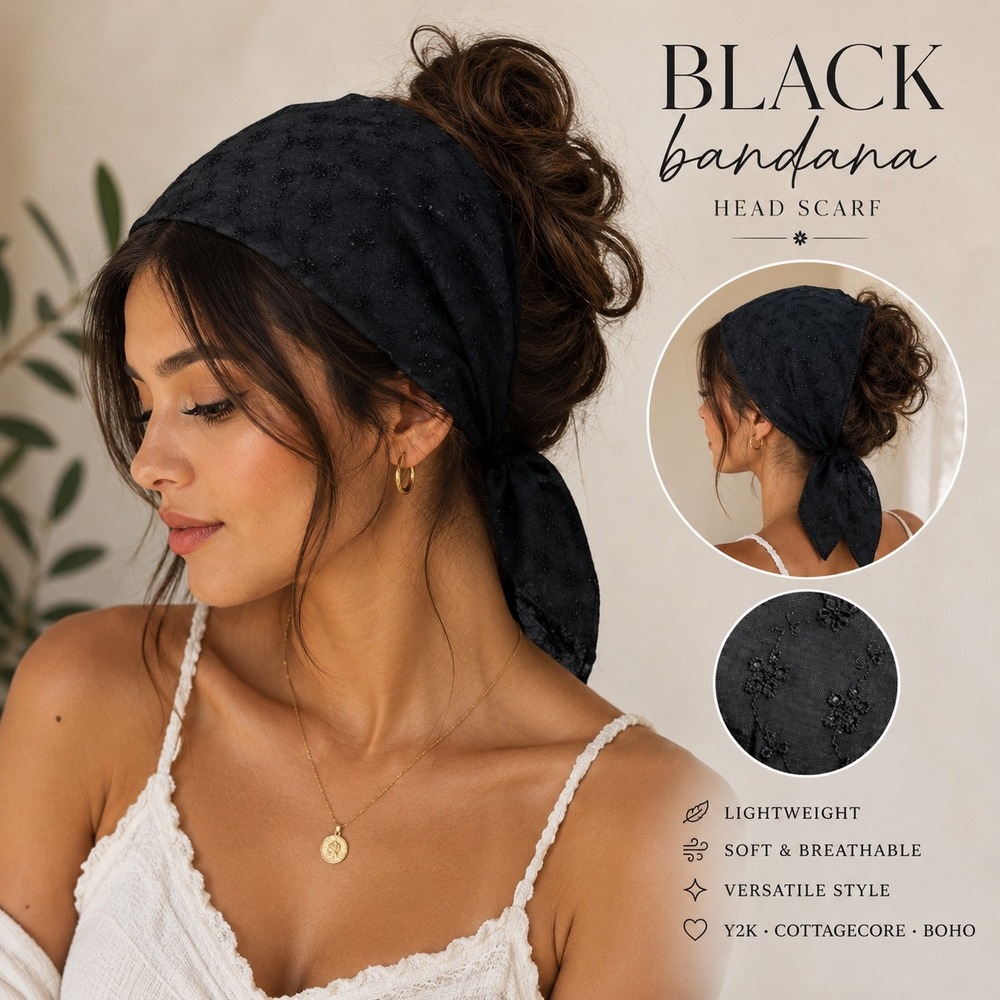 Black Eyelet Embroidered Bandana Triangle Head Scarf Floral Sheer Neckerchief